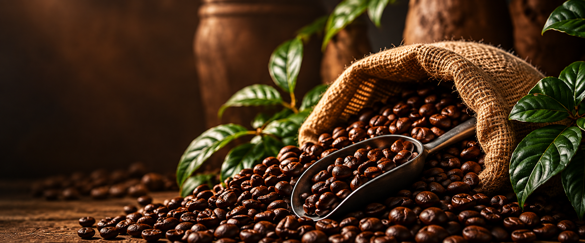 Coffee beans sack and scoop