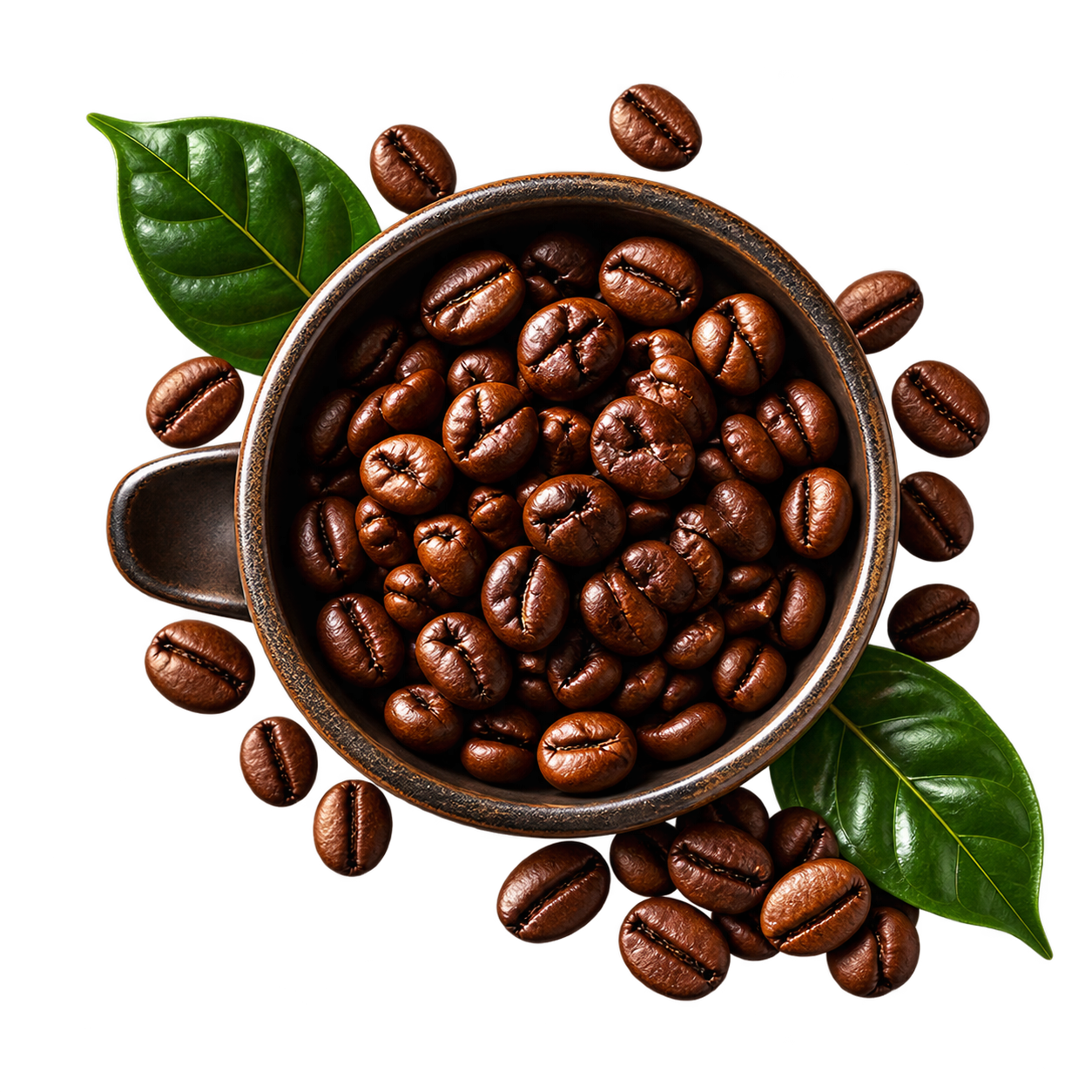 Bowl of coffee beans with leaves